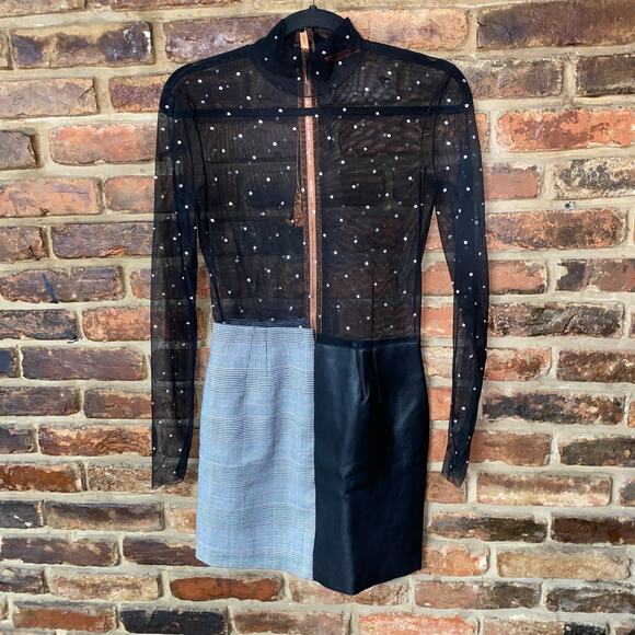 Heron Preston High Neck Rhinestone Mesh Leather Wool Mini Dress Size Small - Picture 2 of 10